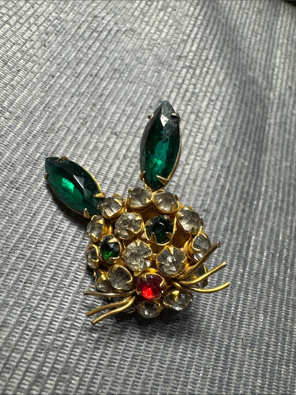 Vintage Source Unknown Gold-Tone Bunny Brooch with Emerald and Ruby Crystals